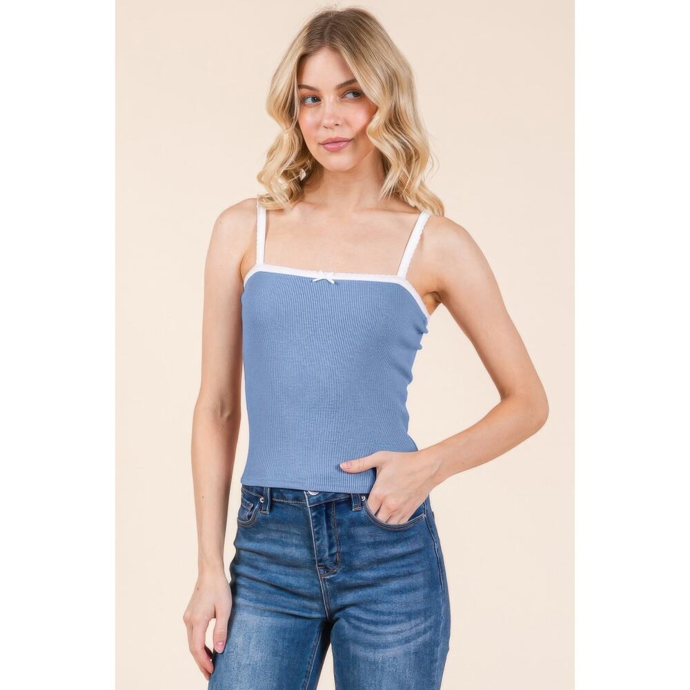 HackleBee | Hazel Blue Scallop Edge Detail Cami Top W/ Bow Detail Size S, M, L